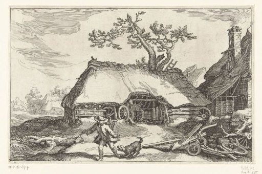 Farmhouse and man with barking dog