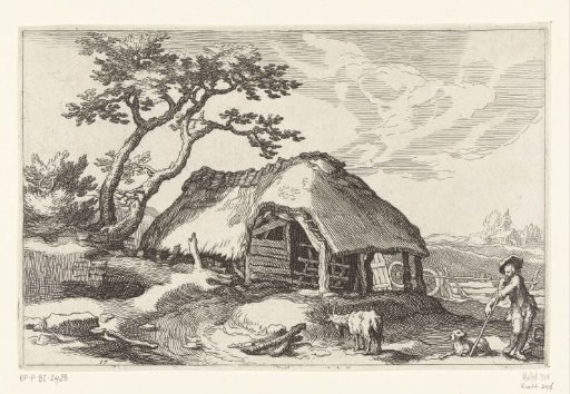 Farmhouse and shepherd with dog and goat