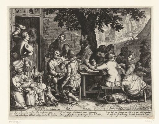 Peasants and rich people sitting together at table after the war