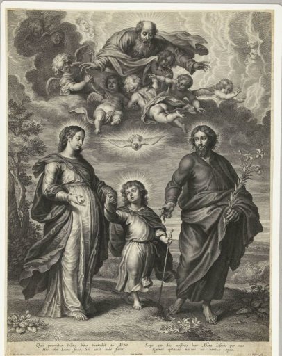 Christ Child Walking between Mary and Joseph with God, Holy Spirit and Angels Above Them