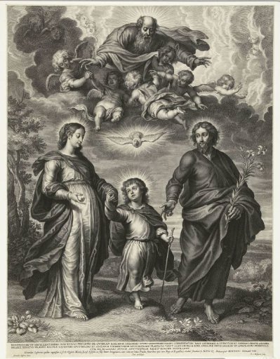 Christ Child Walking between Mary and Joseph with God, Holy Spirit and Angels Above Them