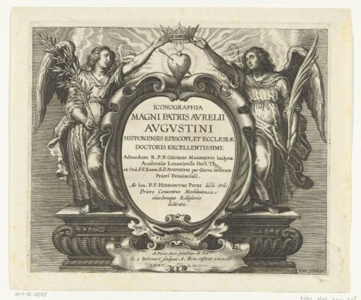Cartouche with Title Flanked by Two Angels Holding Crown Above Burning Heart