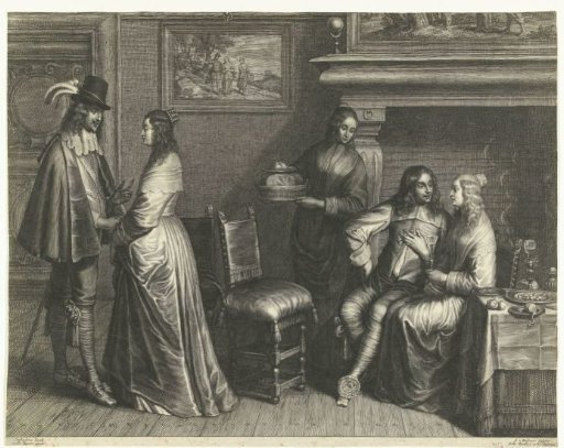 Two young men with women in an interior