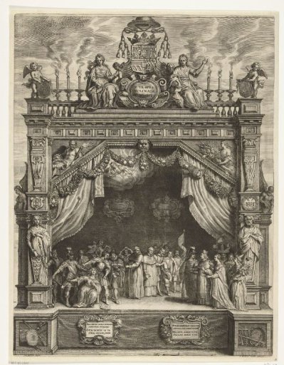 Triumphal arch with Ferdinand of Austria and Dutch Maiden with allegorical figures