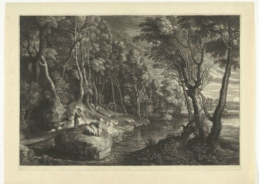 Landscape with a shepherd and flock of sheep by water