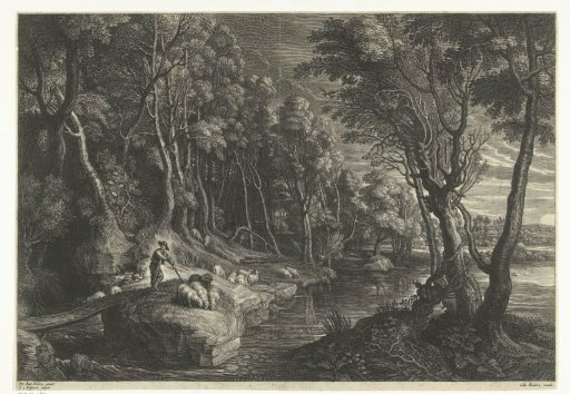 Landscape with a shepherd and flock of sheep by water