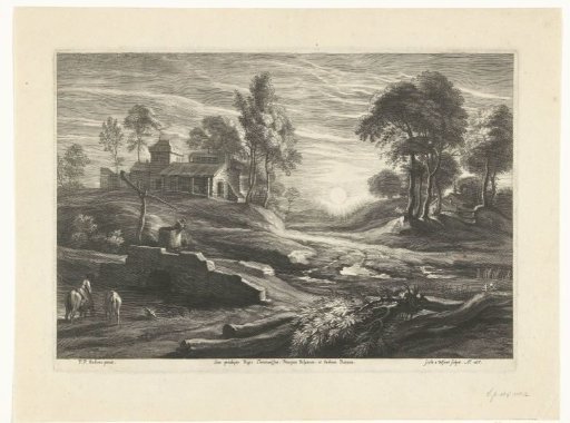 Landscape with water well and sun
