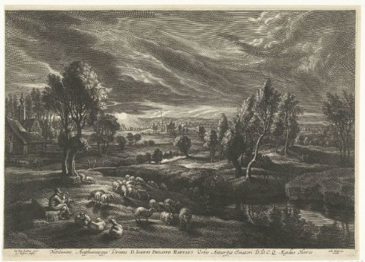 Landscape with shepherd and flock of sheep