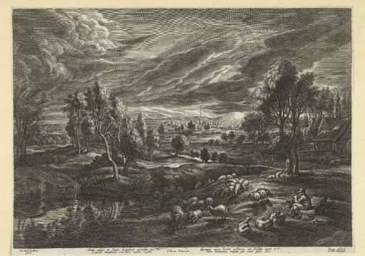 Landscape with shepherd and flock of sheep