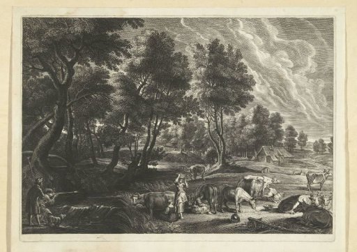 Landscape with milkmaids and cows and hunters
