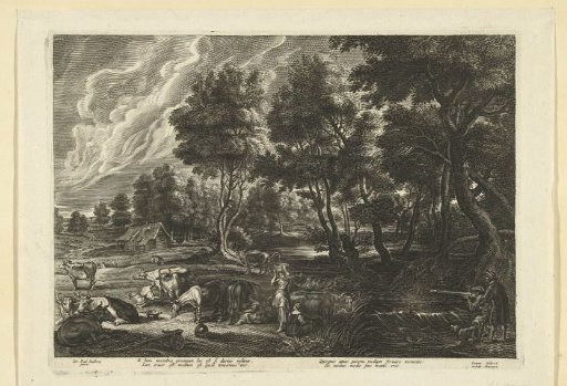 Landscape with milkmaids and cows and hunters