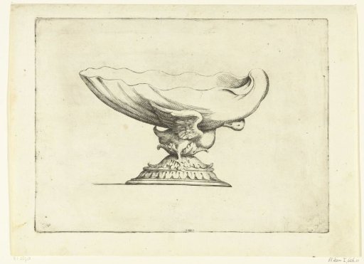 Shell-shaped bowl carried by a duck