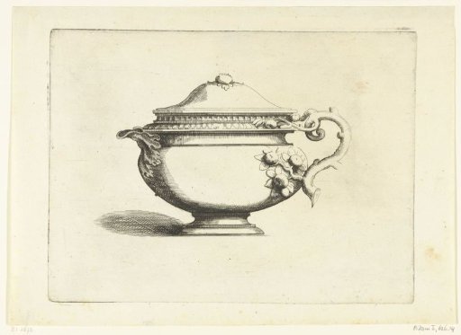 Bowl with a lid and an ear formed by a branch