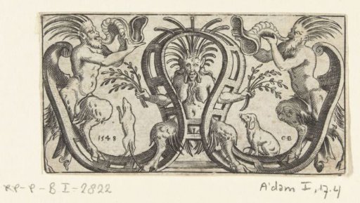 Old female satyr, seated in a scrollwork loop