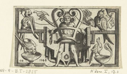 Man trapped in scrollwork and surrounded by birds
