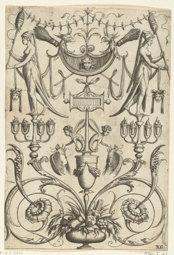 Dish with fruit containing a candelabrum