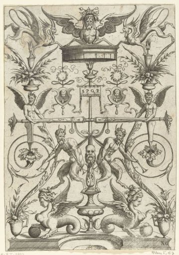 Two sphinxes flank a candelabrum