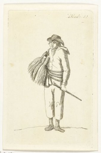 Standing man with hand brooms over his shoulder