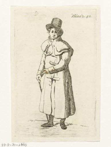 Standing man with long coat, hat and walking stick