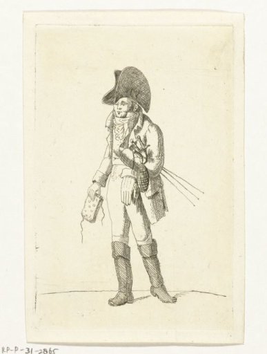 Standing man dressed for fencing, with three swords under his arm