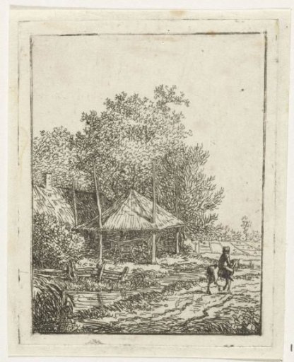 Horseman by a farmhouse