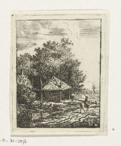 Horseman by a farmhouse