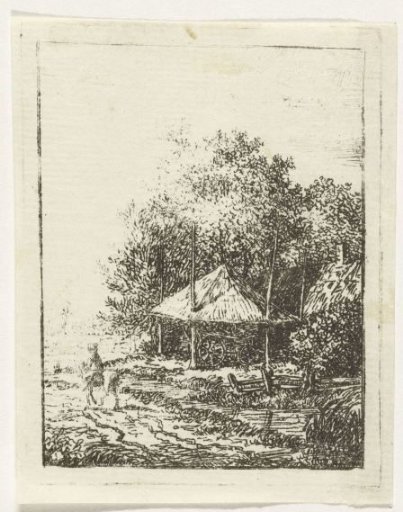 Horseman by a farmhouse
