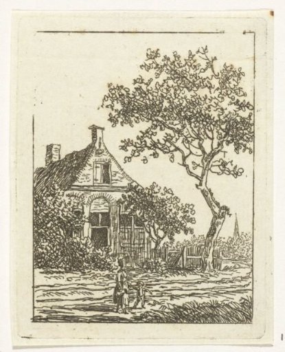 Mother with child walking past a house