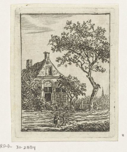 Mother with child walking past a house