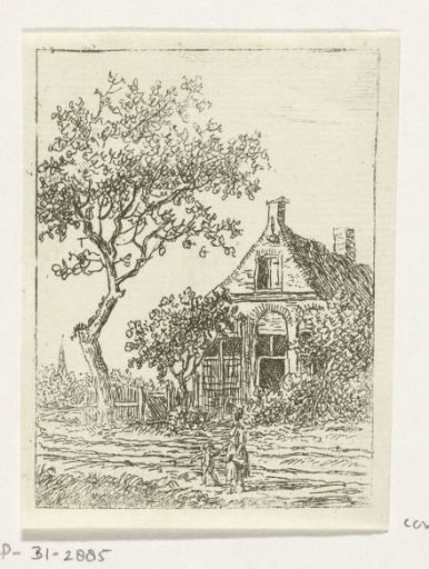 Mother with child walking past a house