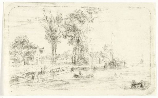 River landscape with an angler in a small boat