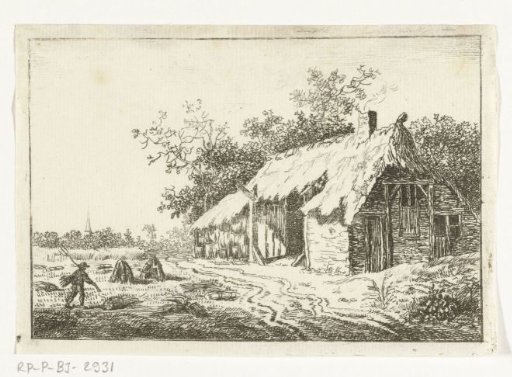 Hay-making farmer in front of a farm near Ubbergen