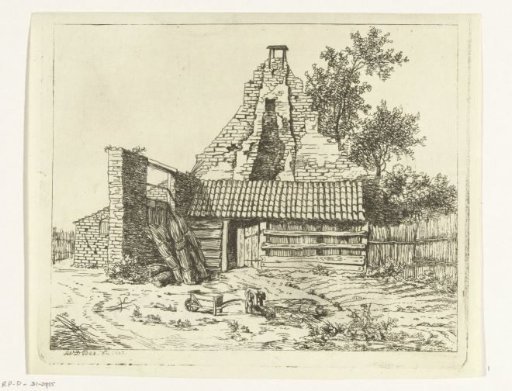 Reed cutter in front of the ruin of the house Snaatburg at Maarssen