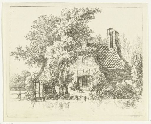 Smoking man on a bench in front of the ruin of the house Snaatburg at Maarssen