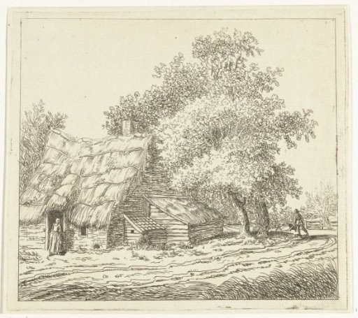 Farmhouse with a woman at the door and a man with a wheelbarrow on a path