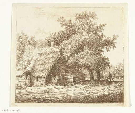 Farmhouse with a woman at the door and a man with a wheelbarrow on a path