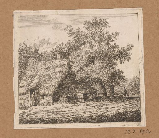 Farmhouse with a woman at the door and a man with a wheelbarrow on a path