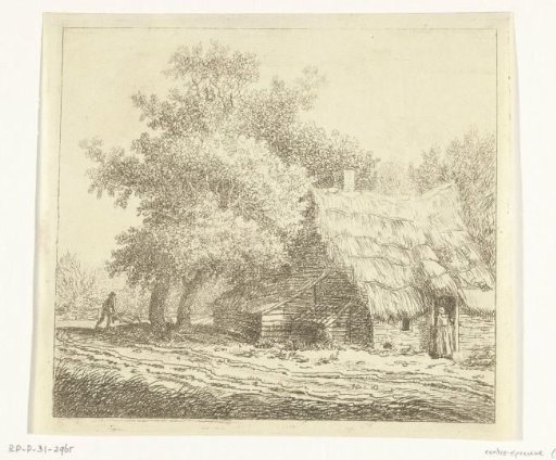 Farmhouse with a woman at the door and a man with a wheelbarrow on a path