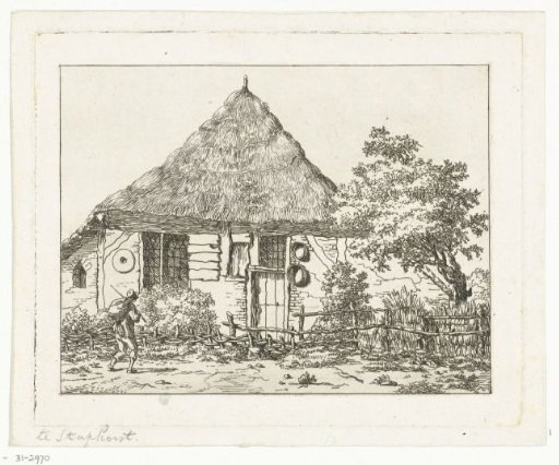 Man with a backpack in front of a house in Staphorst