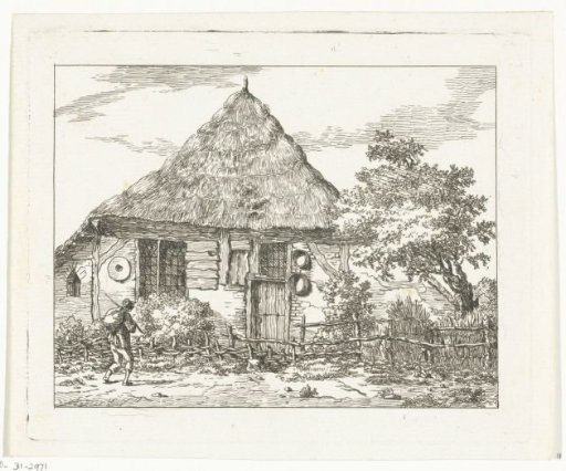 Man with a backpack in front of a house in Staphorst