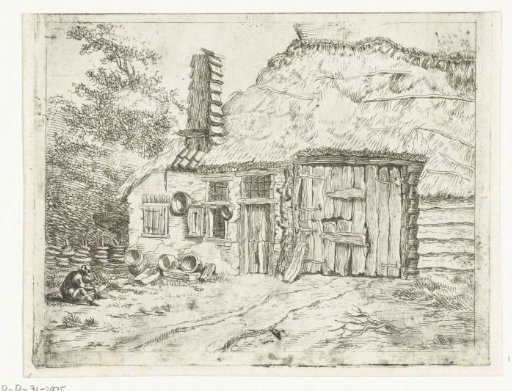 Man sitting working on a scythe in front of a house