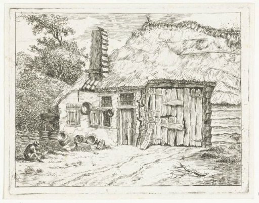 Man sitting working on a scythe in front of a house