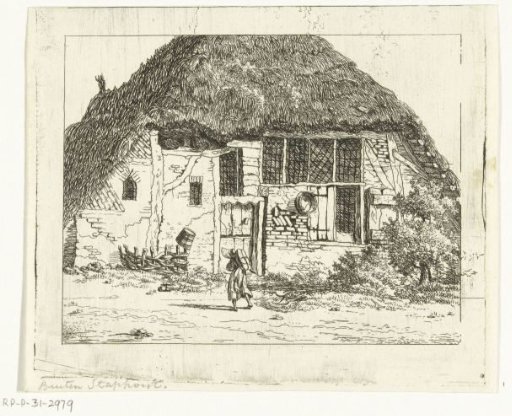Man with a bundle on his back in front of a farmhouse