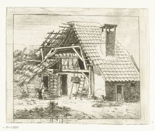 Woman doing laundry in front of a farmhouse