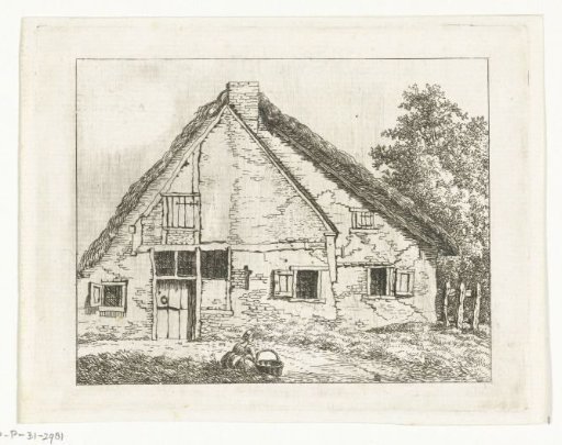 Woman with a basket sitting in front of a house