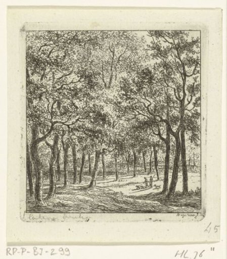 Two men with dogs in the forest