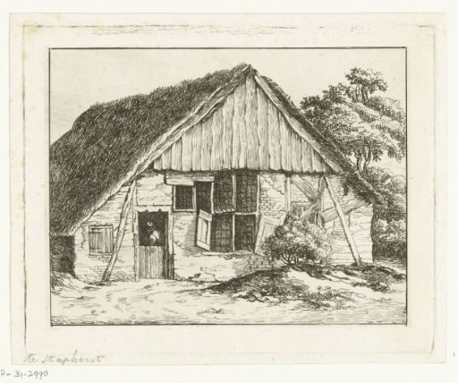 Dilapidated farmhouse, facade supported by two posts