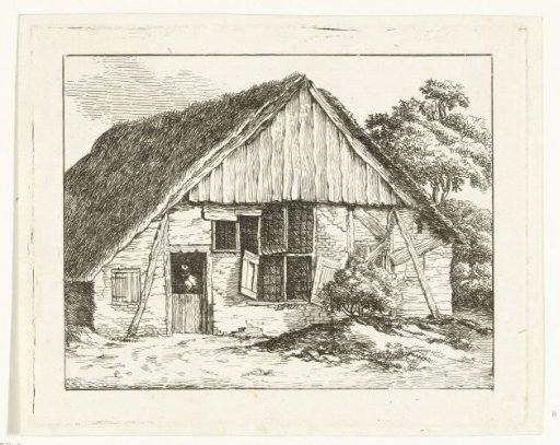 Dilapidated farmhouse, facade supported by two posts