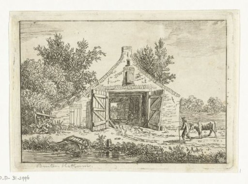 Man with a cow in front of a barn outside Hattem
