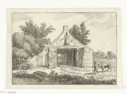 Man with a cow in front of a barn outside Hattem